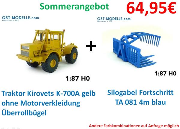 Set Traktor Kirovets K700A gelb ohne Motorverkleidung Überrollbügel + Silozange Fortschritt TA 081 4m blau